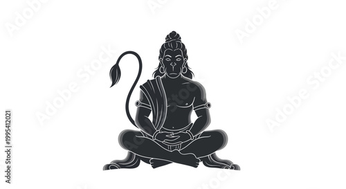 A Hanuman Jayanti silhouette depicts the Hindu god in a serene meditative pose against a stark white background, rendered in a flat, graphic style with detailed linework and a monochromatic