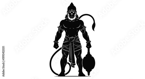 A striking silhouette for Hanuman Jayanti, featuring the deity in a powerful stance holding a mace against a clean white background, rendered with bold graphic lines and a strong sense
