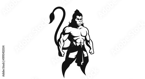 A Hanuman Jayanti silhouette presents the Hindu god in a powerful stance against a stark white background, depicted in a clean, graphic style, emphasizing strength and devotion with bold