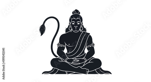 A striking Hanuman Jayanti silhouette presents the deity in a meditative pose against a stark white background, rendered with precise linework and a monochromatic palette, conveying a sense