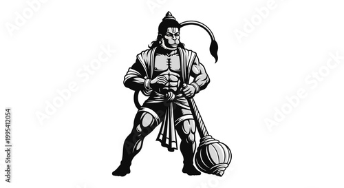 A monochrome, stylized Hanuman Jayanti silhouette of the Hindu god Hanuman is depicted standing powerfully with his gada, presented in a vector illustration against a clean white background