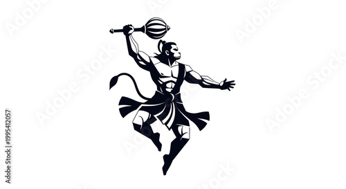 A stark Hanuman Jayanti silhouette shows the deity wielding a mace with dynamic energy, set against a clean white background in a flat vector style, conveying strength and devotion