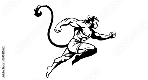 A dynamic black and white Hanuman Jayanti silhouette shows the deity in a powerful running pose, set against a clean white background, rendered with sharp lines and a strong sense of energy