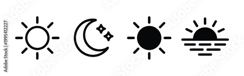 Time of day icons, vector set illustrating morning sunrise, bright noon sun, evening sunset, and night moon with stars for daily cycle, weather, astronomy, calendar, and environmental design concepts