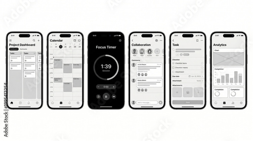 Mobile app UI UX design wireframe mockup set, project management dashboard, task list, calendar schedule, focus timer, collaboration chat, data analytics charts, productivity app interface set.