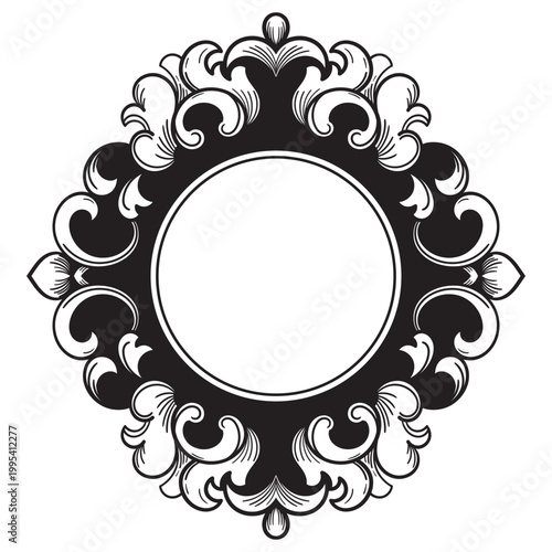 Circular frame decorated with vintage lines, glass border elements.