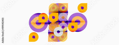Abstract colorful circles overlap, creating dynamic visual composition. Purple, orange hues dominate design. Modern, playful aesthetic.