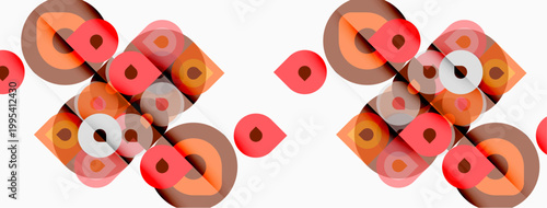 Abstract geometric pattern. Overlapping circles, squares create repeating design. Reddish hues dominate neutral background. Simple, modern aesthetic.
