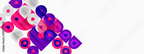 Abstract composition features overlapping circles, varying shades purple, white background. Modern design element, simple geometry.