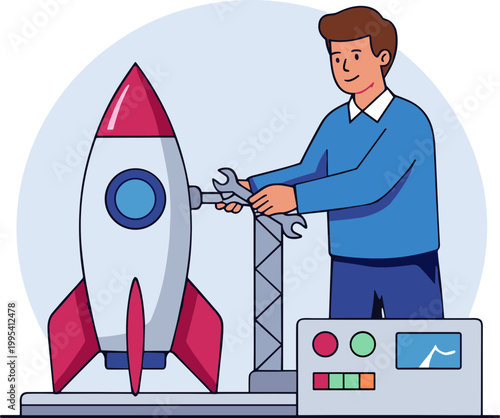 Man fixing rocket with wrench in technology lab facility indoors