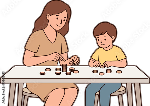 Woman and boy sitting at table counting coins together indoors