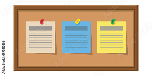 Bulletin Board of Ideas: A collection of notes and ideas pinned on a bulletin board, symbolizing communication and organization. The board is filled with paper, offering space for announcements.