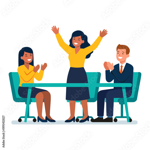 People celebrating together at a meeting around a table with hands raised