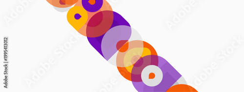 Abstract colorful circles overlap diagonally. Bright hues create dynamic visual pattern. Simple shapes suggest movement, energy.