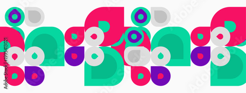 Abstract pattern features colorful overlapping circles, squares, rectangles. Modern design with vibrant hues creates playful repetition.