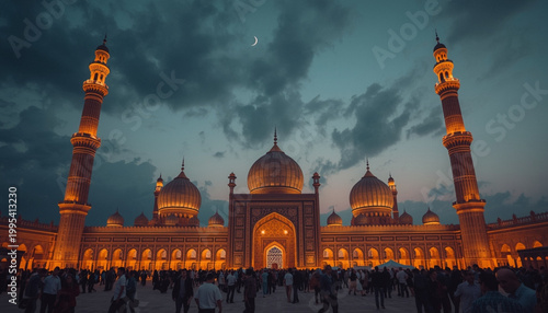 A large mosque illuminated at dusk with people gathered outside
