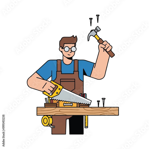 Carpenter using a saw and hammer on wood.