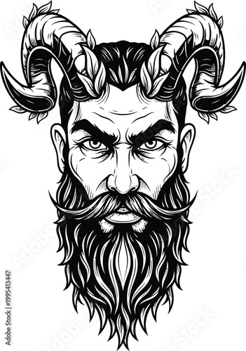 Illustration of a man with horns and a beard and mustache