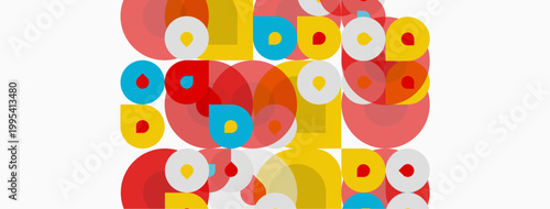 Abstract circles overlap, creating vibrant colorful pattern. Yellow, red, blue, pink hues dominate composition. Simple geometric shapes.