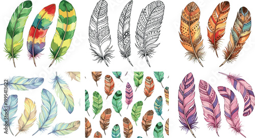 Colorful feather set with watercolor style, tribal patterns and hand drawn elements, boho decorative collection vector illustration