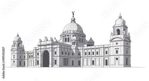 An architectural drawing of the Victoria Memorial, a famous landmark in India, featuring intricate details and a side view perspective, rendered in grayscale with a clean white background