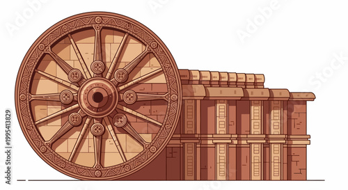 Detailed side view illustration of the ancient Konark Sun Temple chariot wheel, a significant landmark in India, rendered with warm terracotta hues against a stark white background