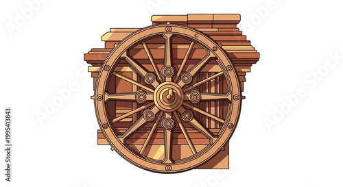 Stylized illustration of the Konark Wheel, a historical landmark of India known for its intricate design, displayed against a stark white backdrop with warm, earthy tones reminiscent