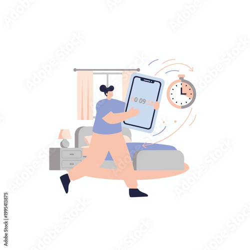 Person Using Large Smartphone In Bedroom Illustration.