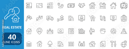 Real Estate line icon set. Containing Purchase and sale of housing, House, Agent, realty, property