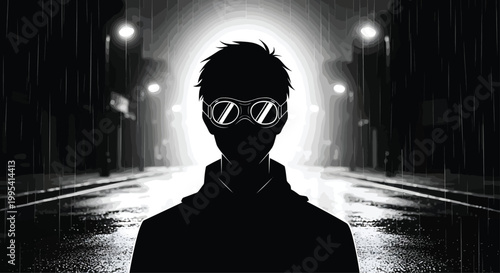 Silhouetted Man Wearing Goggles Standing on Rainy City Street at Night