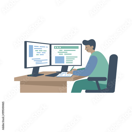 Programmer Working at Dual Monitors At Desk.