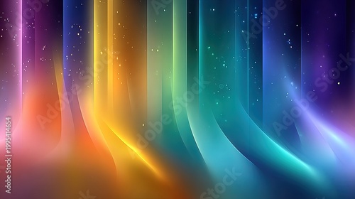 Luminous Abstract Gradient Rainbow Wavy Light Streaks Modern Dynamic Background with Bokeh Particles and Vertical Bands
