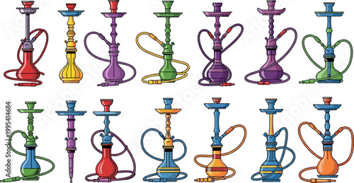 Colorful hookah shisha vector collection with traditional water pipes ornate designs and smoking accessories flat illustration set