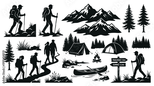 Silhouettes of executive managers hiking in mountain landscapes with tents and pine trees, concept for corporate team building, leadership adventure and outdoor business retreat