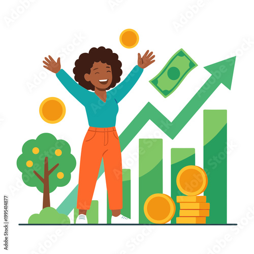 Woman celebrates financial success with rising graph and coins nearby outdoors