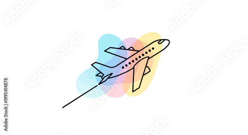Creative one line airplane illustration soaring with colorful abstract shapes modern travel and