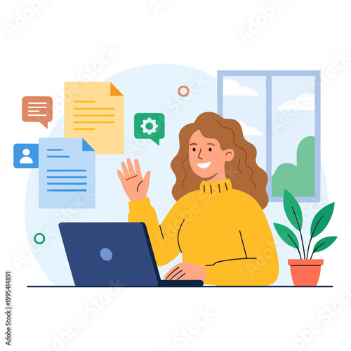 Woman working on laptop with documents and chat bubbles around her