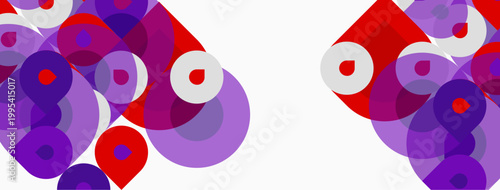Abstract composition featuring overlapping circles. Red, purple hues dominate white background. Modern design, vibrant, playful aesthetic.