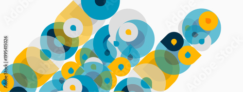 Abstract circles overlap, creating dynamic visual texture. Yellow, blue, green hues dominate composition. Minimalist design.