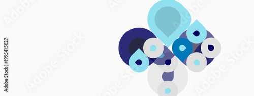 Abstract shapes, varying sizes, blue hues dominate. Minimalist design, clean background, modern aesthetic. Composition suggests connection, fluidity.