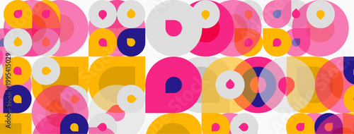 Abstract pattern features overlapping circles, squares. Pink, yellow, purple hues dominate design. Simple geometry creates playful texture.