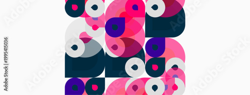 Abstract composition featuring overlapping circles. Pink, purple, teal hues dominate white background. Modern, playful design elements present.