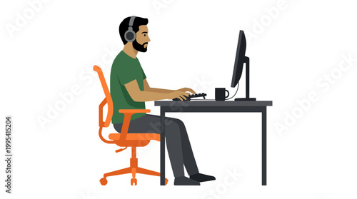 Side view illustration of a male software developer sitting at a desk with computer and headphones on white background, concept for remote work, professional programming and digital office lifestyle