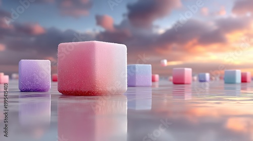 Pastel-colored floating cubes against a backdrop of a cloudy, dreamy sunset with a reflective surface