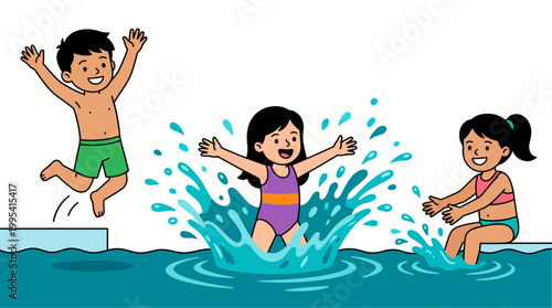 Happy children jumping and splashing water in a blue swimming pool on a bright day, concept for summer vacation promotion, family leisure activity and children health educational materials