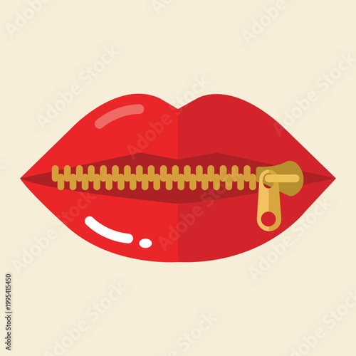 Sealed Lips Illustration: This illustration captures a pair of red lips, sealed shut with a golden zipper, symbolizing silence, secrecy, or confidentiality.