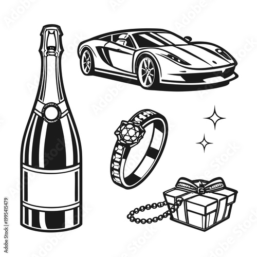 A black and white vector illustration of luxury items including a champagne bottle, sports car, diamond ring, and gift box.