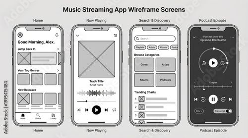 Music streaming app wireframe screens set, mobile UI UX interface layout template collection, smartphone mockup for home, now playing, search discovery, and podcast episode screens, app design.
