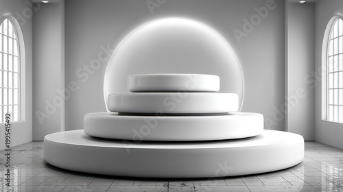 3D-rendered minimalist scene with circular platforms inside a bright white room, arched windows