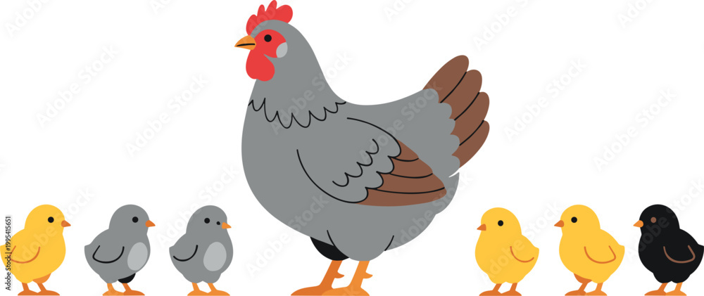 Obraz premium Cute Cartoon Mother Hen With Colorful Baby Chicks Family Farm Bird Animal Vector Illustration On White Background